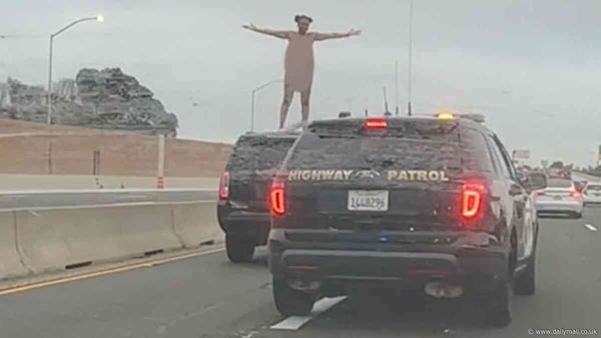 Wild moment woman strips naked on top of car in middle of California highway during police chase