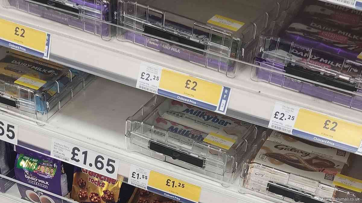 Now Tesco slaps £1.25 bar of Cadbury chocolate inside a security box - after supermarket introduced tags on shopping baskets amid fears cost-of-living crisis is fuelling surge in shoplifting