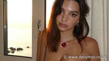 Emily Ratajkowski almost spills out of her low-cut top while flashing her bikini tan lines as she celebrates her 33rd birthday in Italy