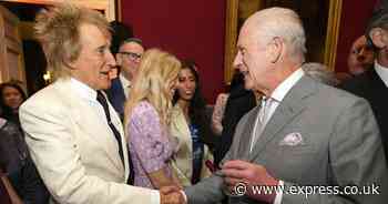 King Charles pictured greeting Rod Stewart - and is he drinking his favourite tipple?