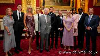 Sienna Miller looks graceful in a patterned purple dress as she rubs shoulders with the Monarch at his inaugural  King's Foundation awards ceremony