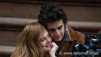 Timothee Chalamet and Elle Fanning share a sweet moment as they film a New York scene for the upcoming Bob Dylan biopic, A Complete Unknown