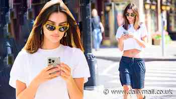 Emily Ratajkowski shows off her toned tummy in a crop top as she makes the bold fashion move of pairing cowgirl boots with basketball shorts in NYC