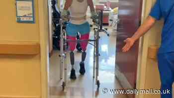Lucinda Mullins, 41, takes her first steps using prosthetics after losing all her limbs to sepsis