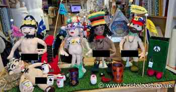 Glastonbury-themed naked knitted figures take over cafe window