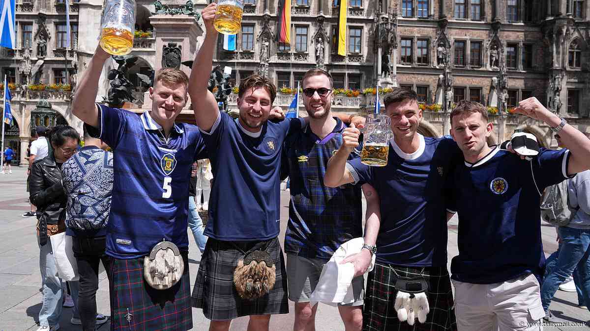 Scotland fans take over Munich: Kilted supporters down steins and sing Flower of Scotland to the skirl of the bagpipes ahead of Euros kick-off - as Glasgow airport runs out of Tennent's Lager at 9am