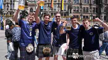 Scotland fans take over Munich: Kilted supporters down steins and sing Flower of Scotland to the skirl of the bagpipes ahead of Euros kick-off - as Glasgow airport runs out of Tennent's Lager at 9am