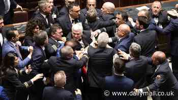 Moment enormous brawl breaks out in Italian parliament with MP 'leaving in a wheelchair' after being punched during row over regional autonomy