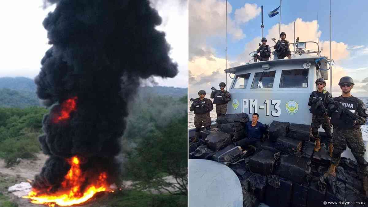 Wild footage shows El Salvador cops burn an enormous pile of cocaine worth $67 million after drug boats seized