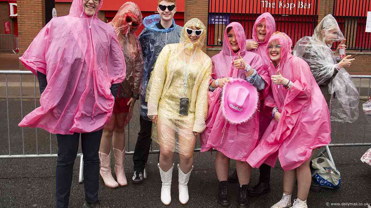 Poncho-wearing Swifties refuse to let the rain spoil their fun as 53,000 fans head to Anfield for Taylor Swift's 100th Eras Tour show (which could have some VERY special guests)