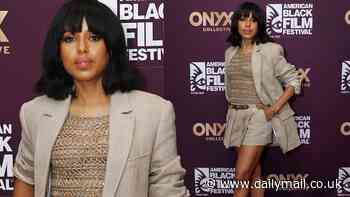 Kerry Washington, 47, seems to have a wardrobe malfunction as a white tag appears under her see-through netted top at UnPrisoned season 2 premiere