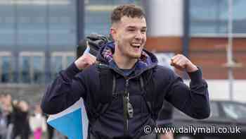 Scotland fan, 20, completes gruelling 1,000 mile walking challenge from Glasgow to Munich ahead of Euro 2024 campaign and celebrates with a bottle of champagne - as thousands of fans arrive in city for country's curtain-raiser opening match with Germany