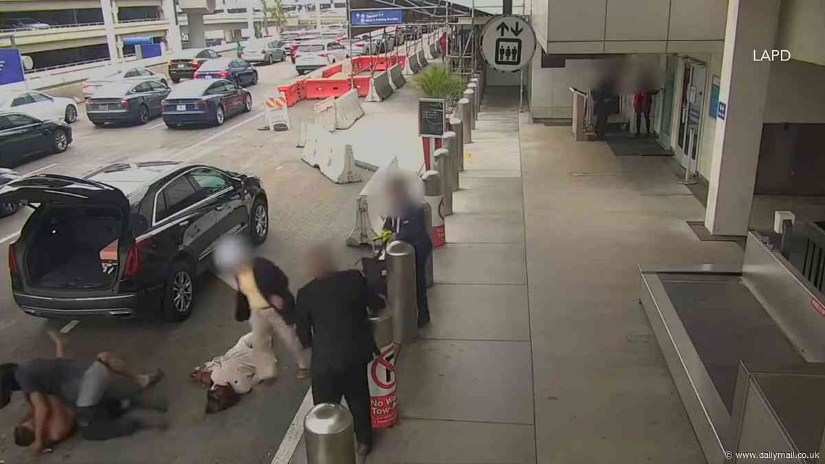 Distressing moment road rage brawl between two men outside LAX escalates into assault on innocent elderly woman that left her horribly injured