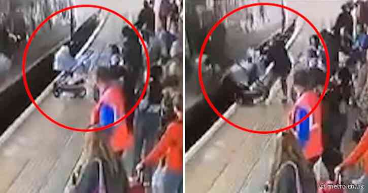 Terrifying moment pram carrying three-month-old is clipped by train at platform