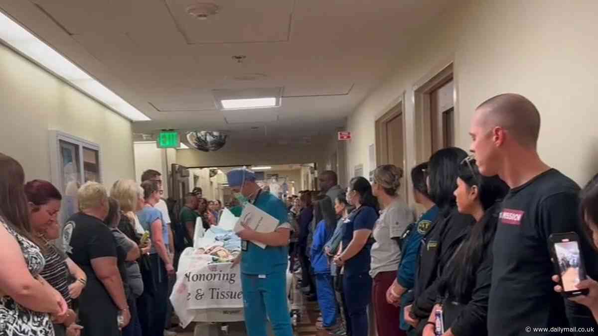 Sobbing hospital staff form guard of honor for beloved children's nurse, 58, as she is taken off life support after stroke and wheeled away for organ donation surgery