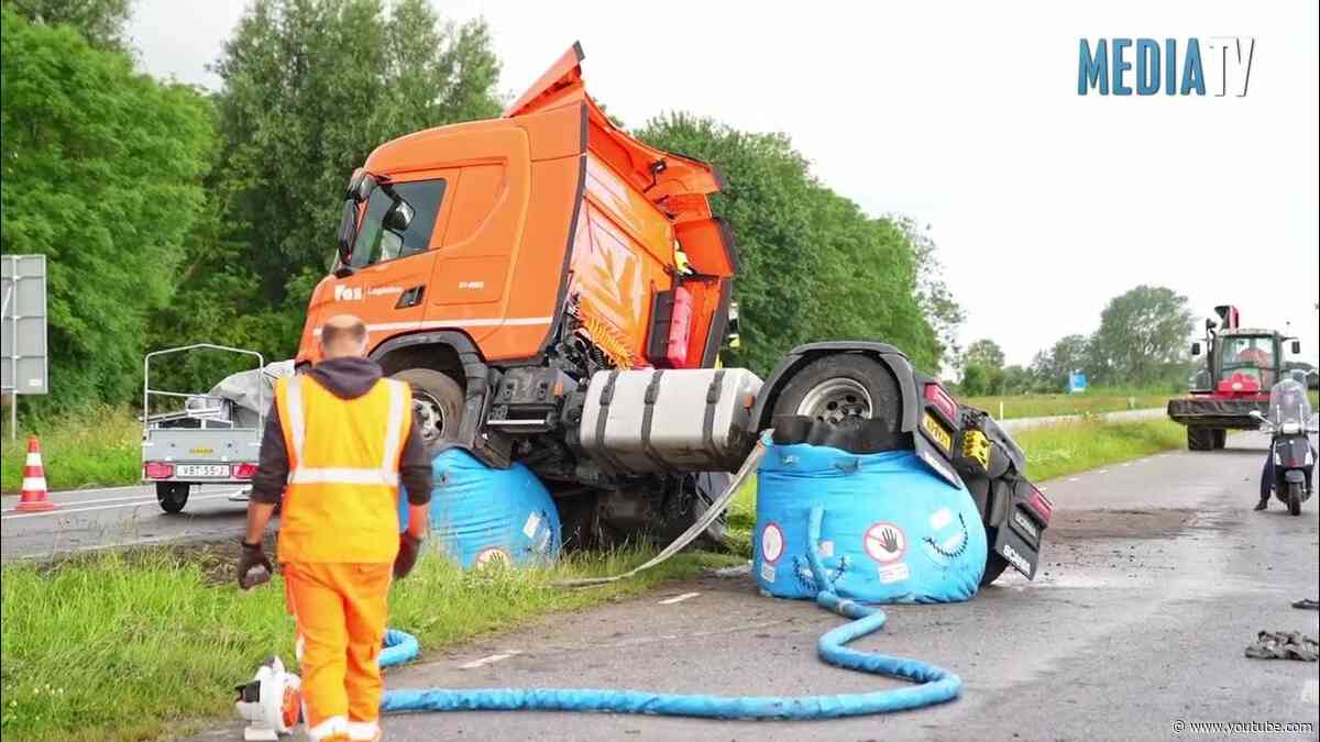Vrachtwagen gekanteld na mislukte inhaalactie N217 Mijnsheerenland