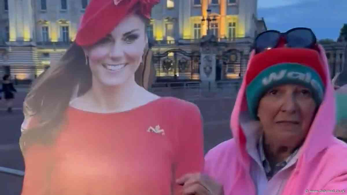 Royal superfans armed with cardboard cut outs of the Princess of Wales descend on The Mall ahead of tomorrow's Trooping the Colour parade where King Charles will reunite his family for the first time since cancer diagnosis