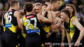 It all goes to script for Richmond champion Dustin Martin who boots the opening goal in his 300th match for the Tigers