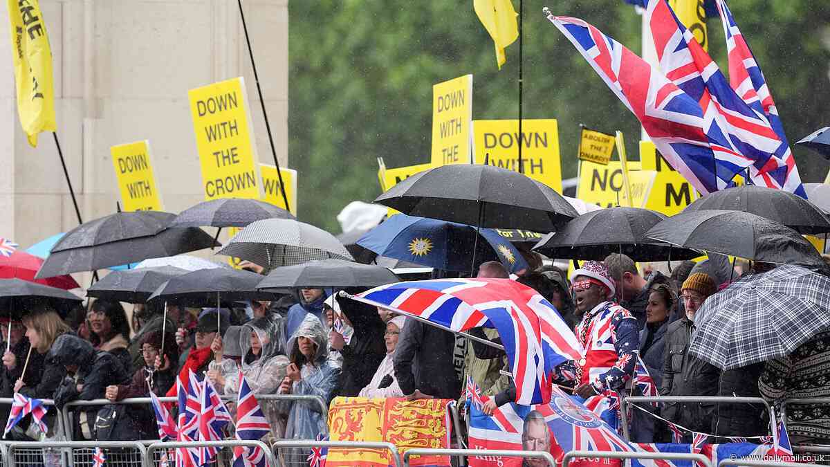 Thousands of defiant royal fans armed with umbrellas pour into Mall for Trooping the Colour to show support for Princess Kate and wish the King a happy birthday despite it promising to be a washout with thunderstorms