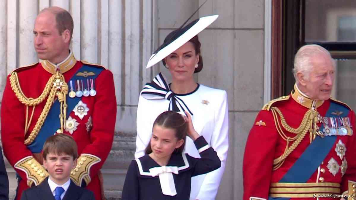 Britain's royal family are reunited on Buckingham Palace balcony for stunning RAF flypast with King Charles making sweet gesture to welcome Princess Kate back after her cancer diagnosis