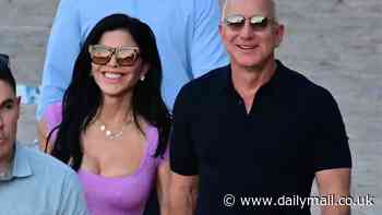 Lauren Sanchez sizzles in skin tight purple dress as she enjoys romantic night out with beaming billionaire fiancé Jeff Bezos on Greece vacation