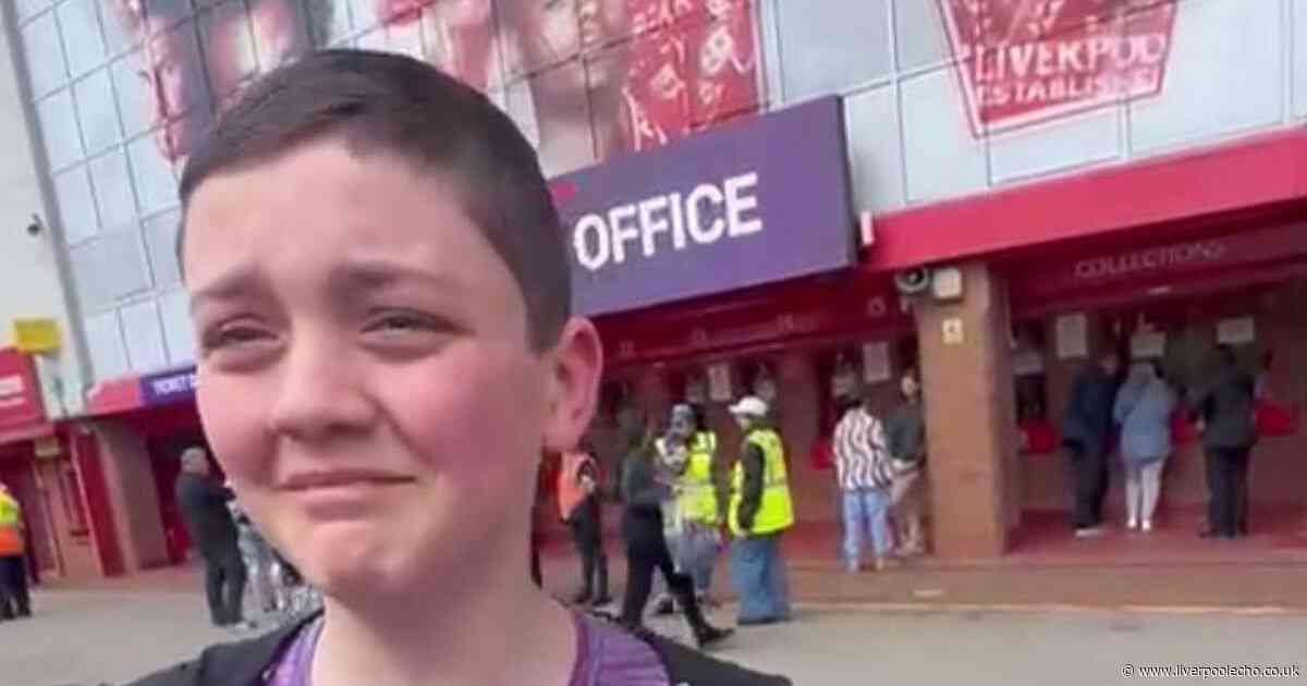 Schoolboy can't stop crying after mum's question outside Anfield