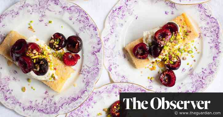 Nigel Slater’s recipes for vanilla shortbread with pistachio and cherries, and feta scones, watercress and cucumber butter