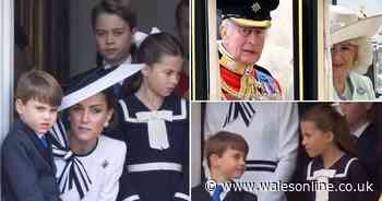 Princess Charlotte checks Prince Louis during Trooping the Colour as Royal Family gathers