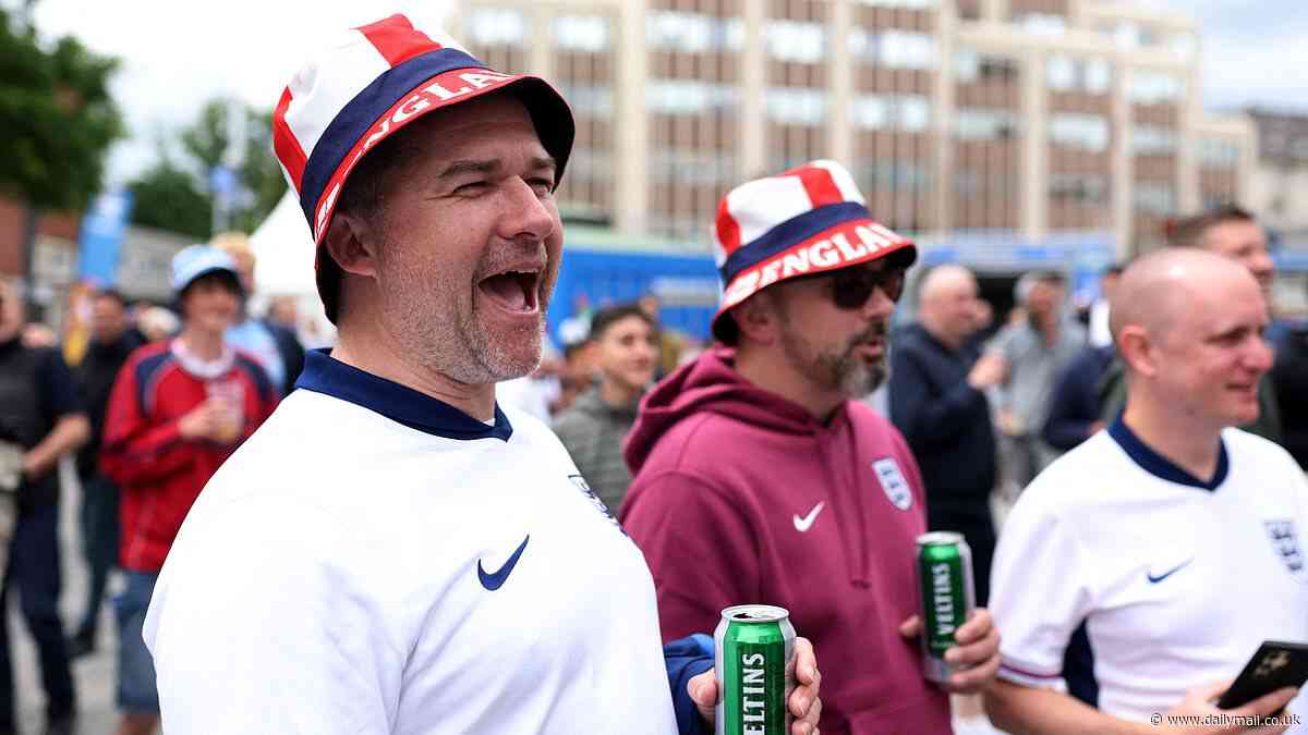 Three Lions fans' booze-up kicks off ahead of England's Euros clash with Serbia TODAY - with new video showing supporters singing chorus of '10 German Bombers' in defiance of FA and police