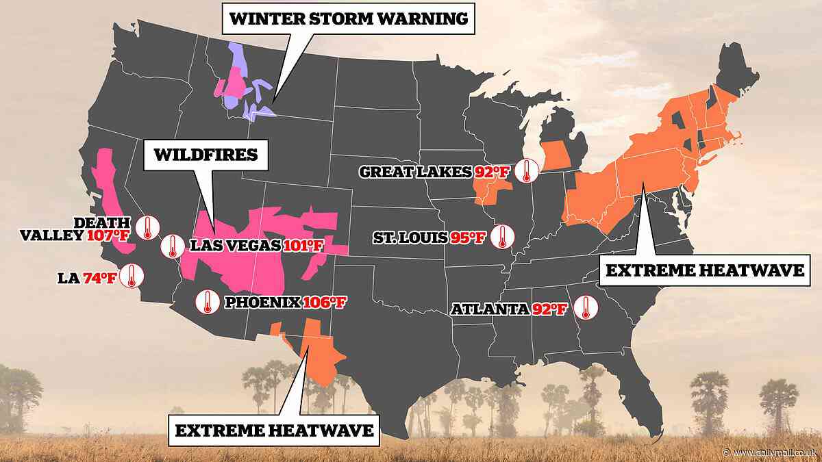 US braces for extreme weather - from southern heat wave to winter storm warnings: Map reveals where dangerous conditions will hit