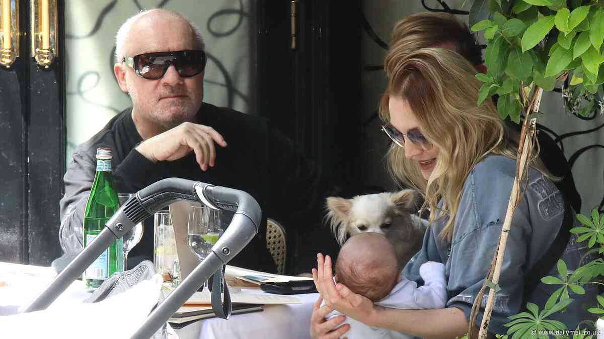 Damien Hirst, 58, is seen for the first time since welcoming his newborn son with fiancée Sophie Cannell, 30, as the family enjoy lunch at Scott's in Mayfair