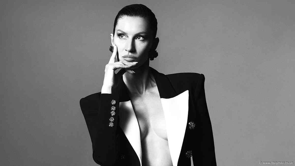 Gisele Bundchen goes braless in sexy black suit before changing into a plunging tailored gown as she poses in stunning new Balmain campaign