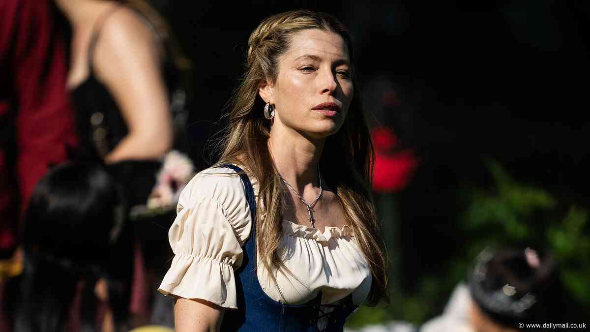 Jessica Biel wears blue bodice while filming The Better Sister in medieval costume in Central Park in New York