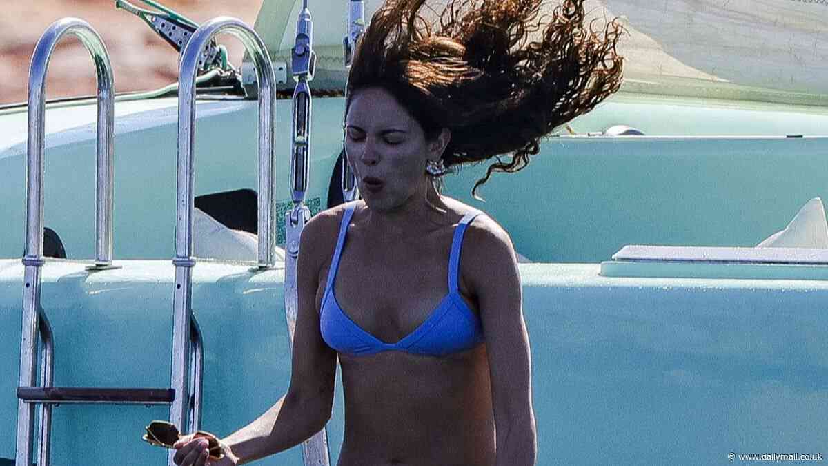 Eiza González puts on an animated display while jumping off a yacht into the sea as she joins Princess Maria-Olympia of Greece on sun soaked Ibiza getaway