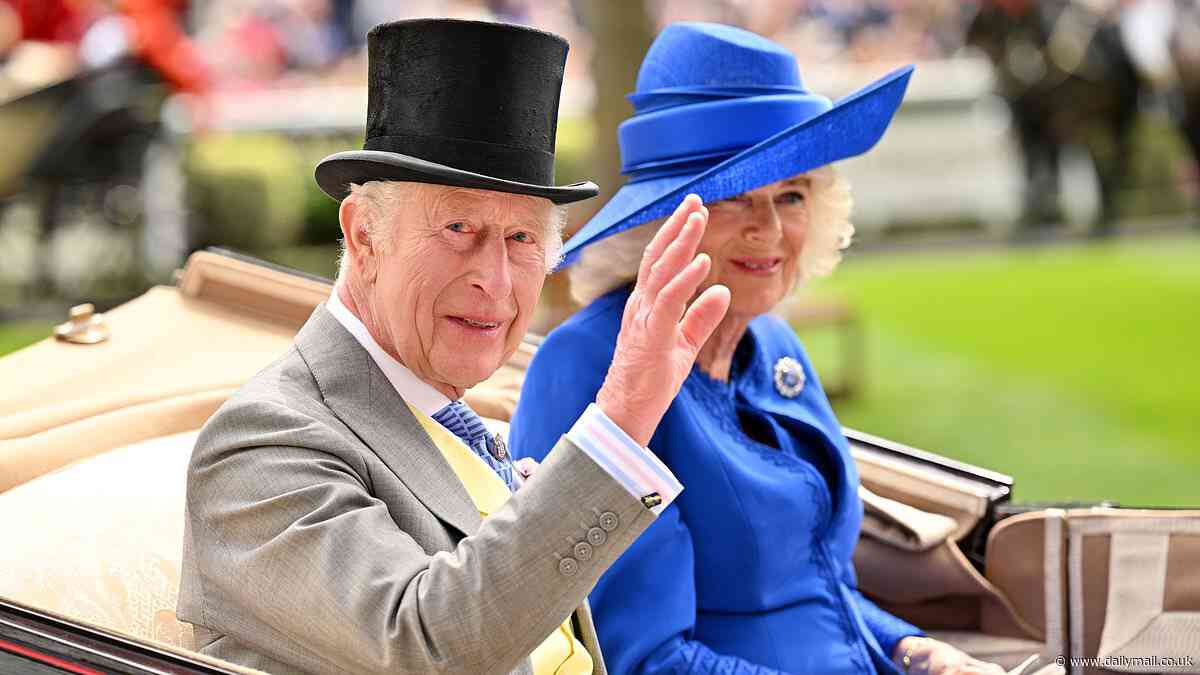 Queen Camilla's wide-brimmed headpiece gets in the way as Zara and Mike Tindall try to greet her with a kiss as the Royal Family steps out at Royal Ascot
