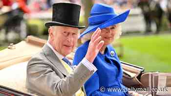 Queen Camilla's wide-brimmed headpiece gets in the way as Zara and Mike Tindall try to greet her with a kiss as the Royal Family steps out at Royal Ascot