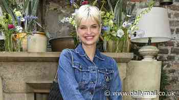 Pixie Geldof puts on a leggy display in denim mini dress as she hosts lunch for shoe company Rothy's