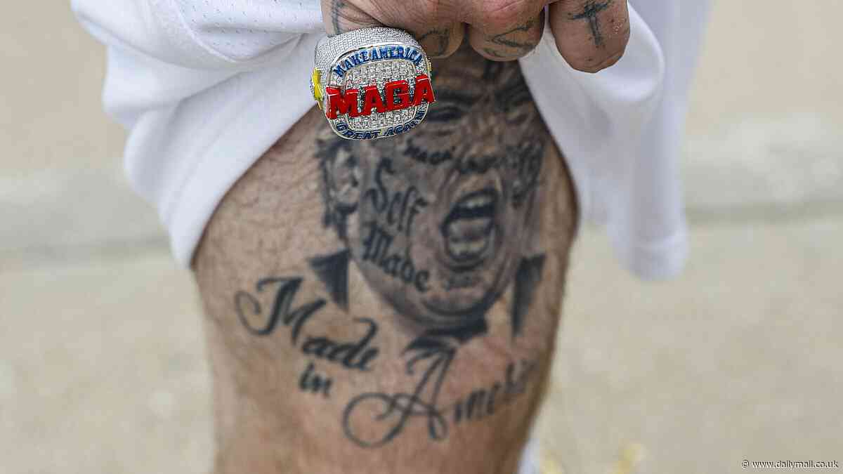 MAGA fans show off Trump tattoos and mugshot t-shirts as they line up hours before his Wisconsin rally... days after he called Milwaukee a 'horrible city'