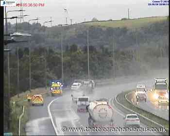 'Biblical rain' on M62 as lane closed due to crash