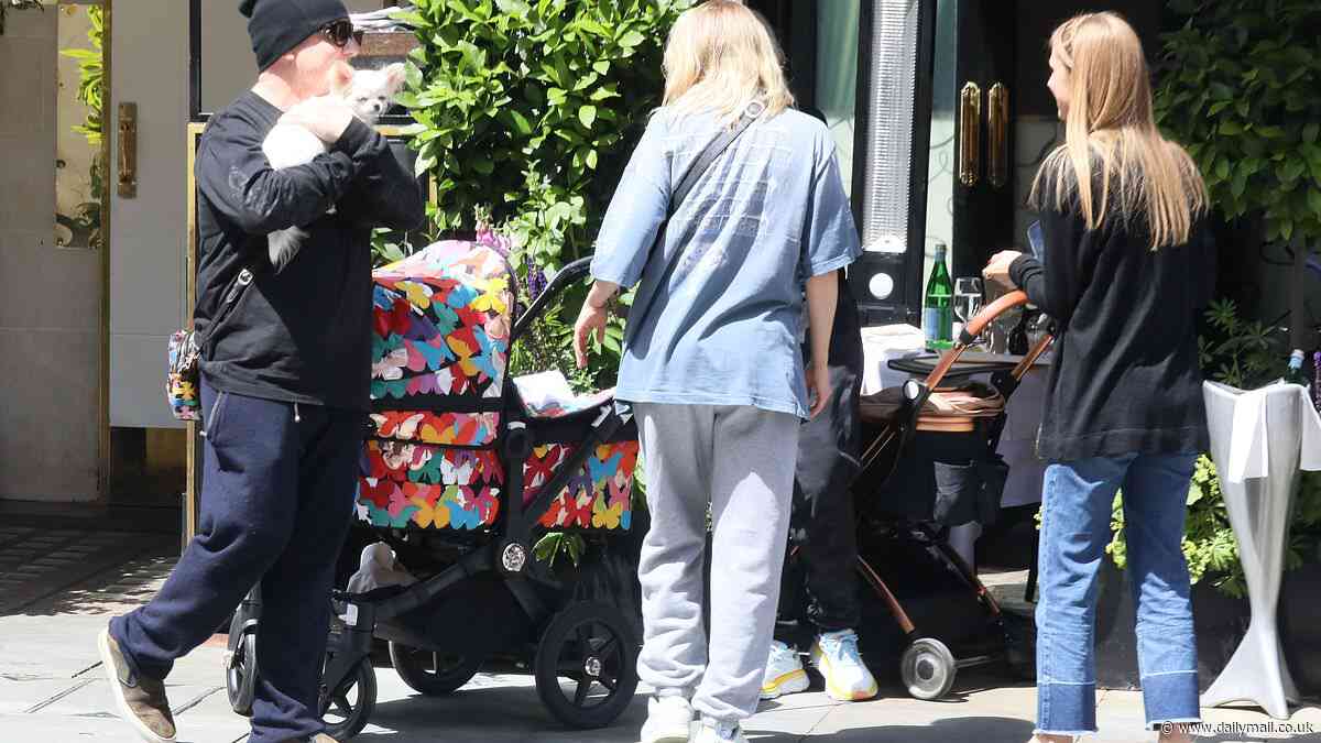 Portrait of fatherhood: New parents Damien Hirst, 59, and actress fiancée Sophie Cannell, 30, pictured with two prams - one for their newborn and other for their dog