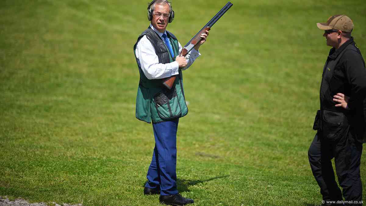 Gunning for power: Trigger-happy Nigel Farage goes shooting on a country estate - after copying Rishi Sunak by taking a private helicopter to campaign event in Cheshire
