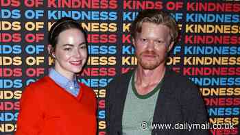 Emma Stone looks chic in a red jumper and cropped trousers as she joins co-star Jesse Plemons at the Kinds Of Kindness screening in London