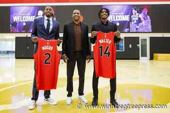 Raptors draft picks Ja’Kobe Walter, Jonathan Mogbo introduced to Toronto