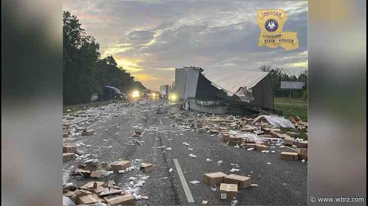 I-10 Westbound near Port Allen closed due to overturned semi trailers; 40,000 pounds of candles on road