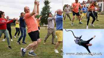 Ed Davey struggles with his timing as he takes part in a Zumba class... just hours after screaming 'vote Liberal Democrat' while hurtling towards the ground on a bungee rope in latest extreme campaign stunt