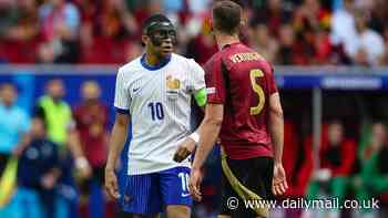 Kylian Mbappe celebrates in Jan Vertonghen's face minutes after heated exchange... after the Belgian defender accused the France captain of diving during Euro 2024 last-16 clash