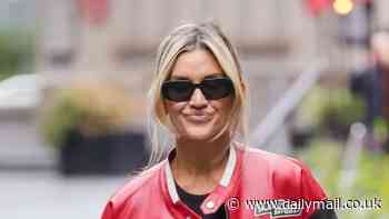 Ashley Roberts shows off her toned abs in a black crop top with oversized motorcycle jacket and totes a £2K Balenciaga bag while leaving Heart FM