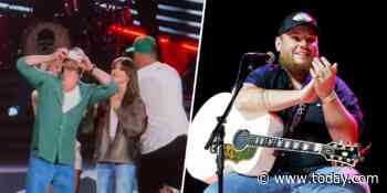 Glen Powell and Luke Combs show off their beer chugging skills at concert