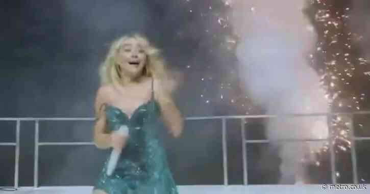 Sabrina Carpenter shrieks after being ‘hit in chest by fireworks’ on stage