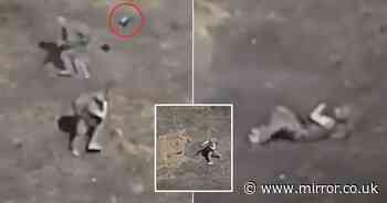 Moment Russian soldier hurls machine gun at killer drone triggering explosion